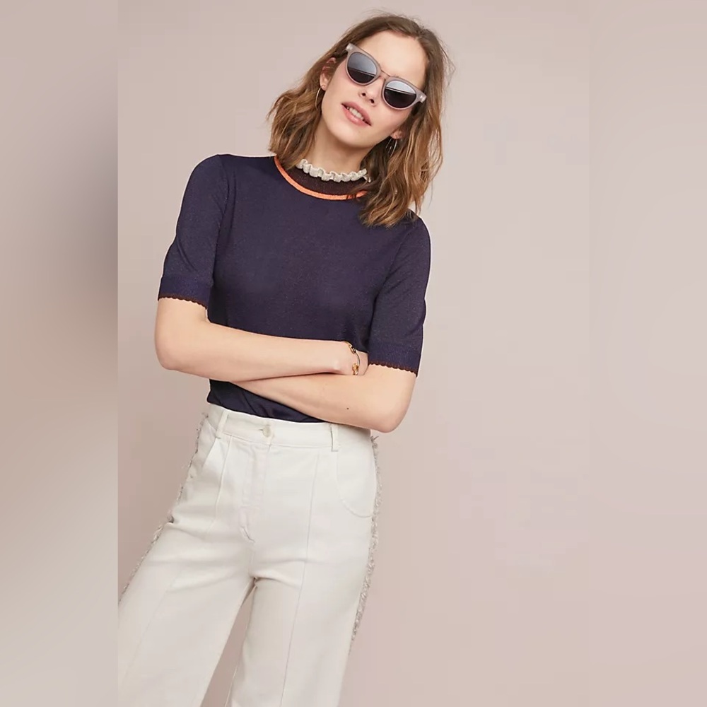 ANTHROPOLOGIE / NUMPH Navy Blue Metallic Alma Knit Top - Sz XS